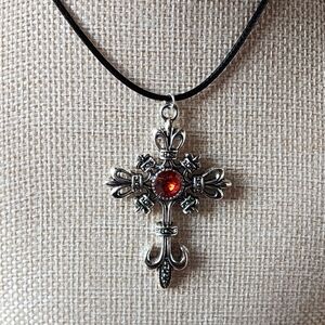 Elegant Silver Goth Easter Cross Pendant Necklace with Red Gem